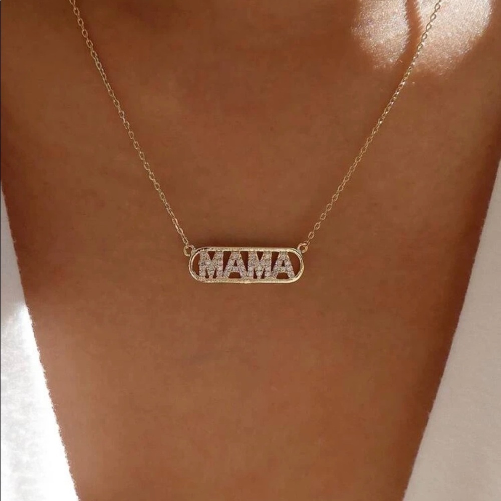 Mama Rhinestone Word Gold Necklace